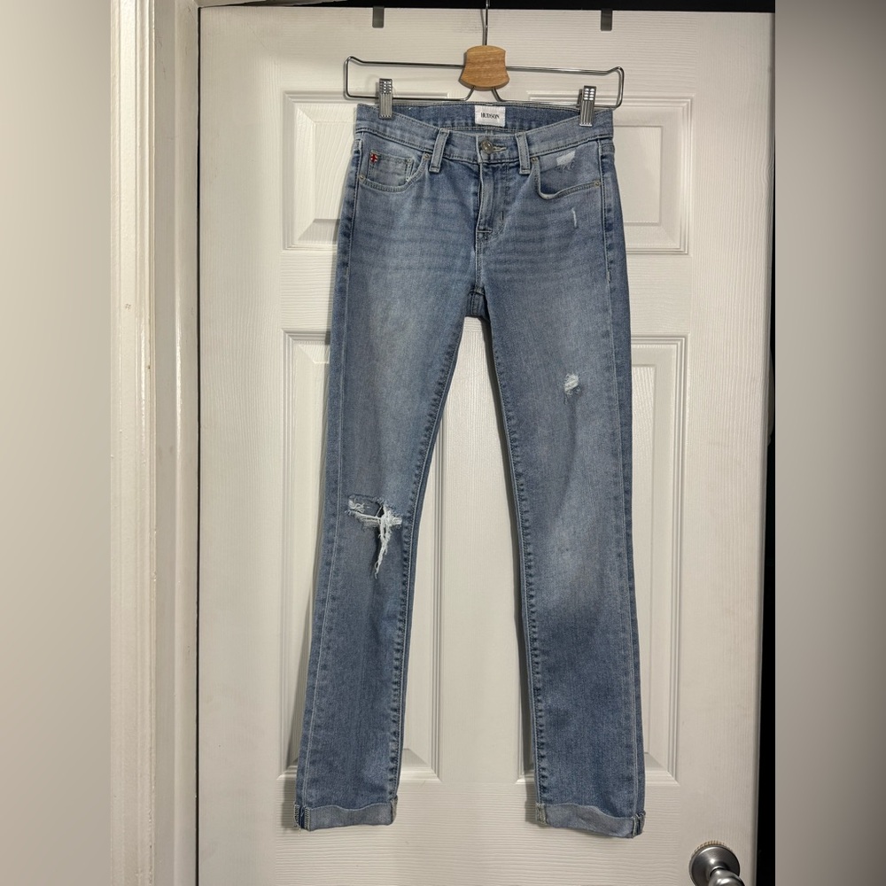Hudson Krista Straight Crop Roll Cuff Distressed Jeans Size 24